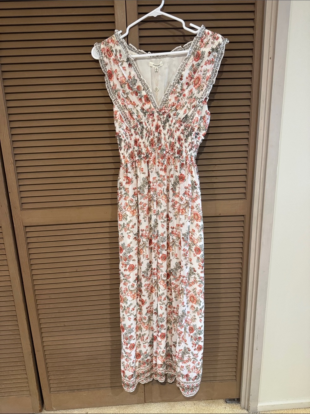 Max Studio Floral Smocked V-Neck Maxi Dress in Cream and Coral